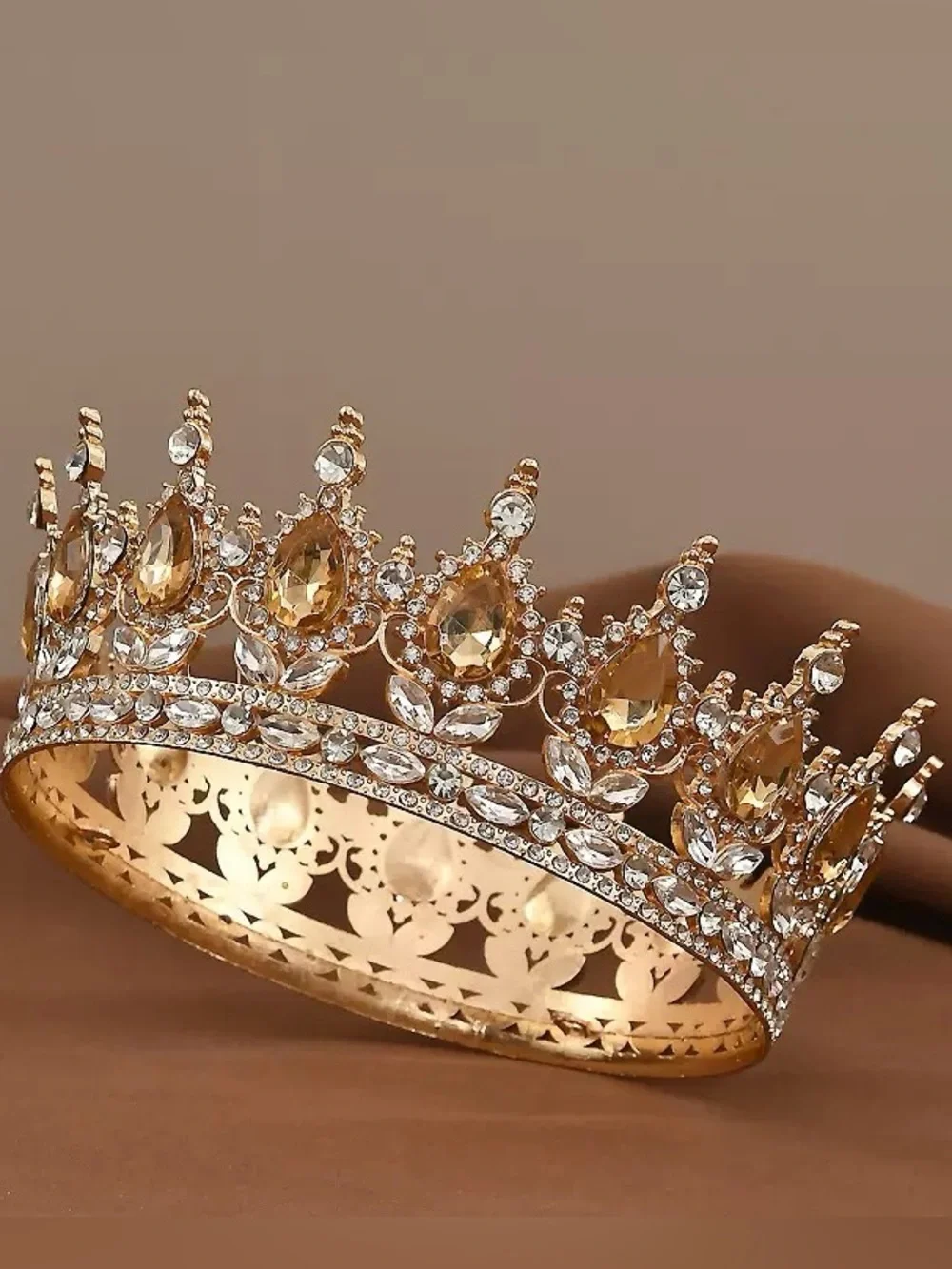 Gold Crystal Teardrop Tiara Crown – Regal Women's Hair Accessory